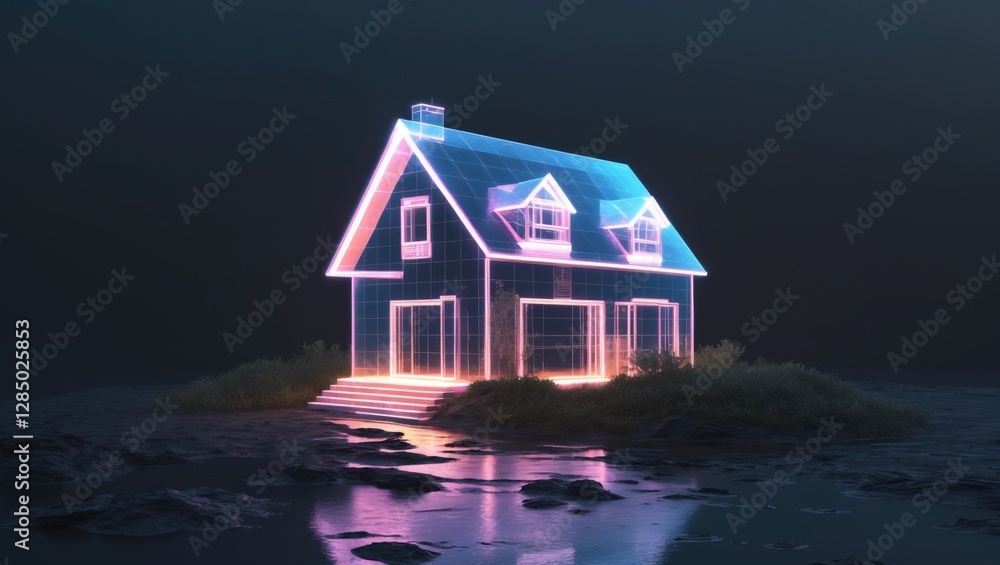 Poster luminous holographic representation of a futuristic house set against a dark background, emphasizing