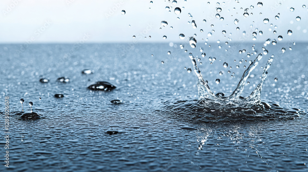 Aufkleber close up of raindrops splashing on smooth surface, creating ripples