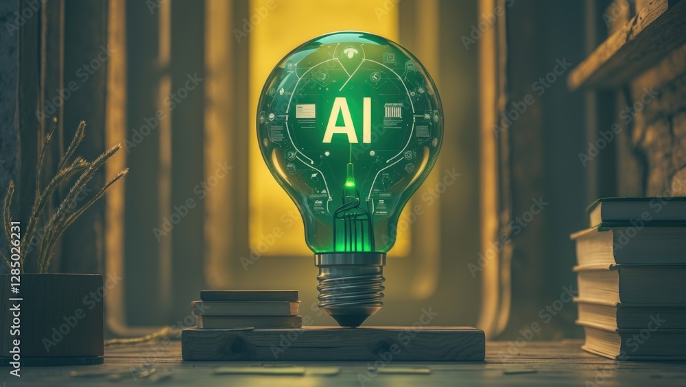 Poster green light bulb symbolizing ai, which stands for artificial intelligence, against a pleasant yellow