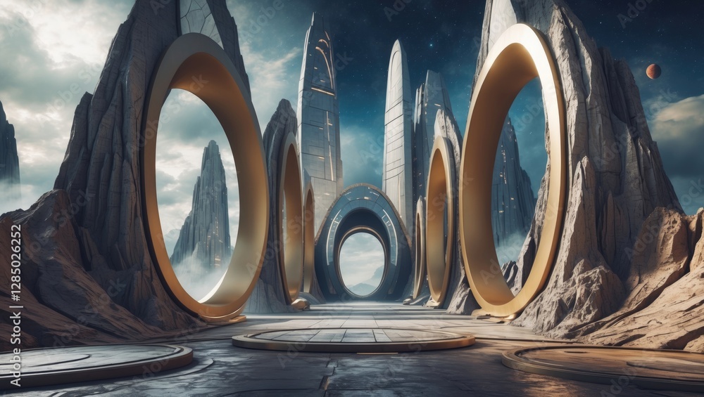 Aufkleber futuristic skyscrapers in an imaginative galactic setting. circular arches serve as gateways to a ma