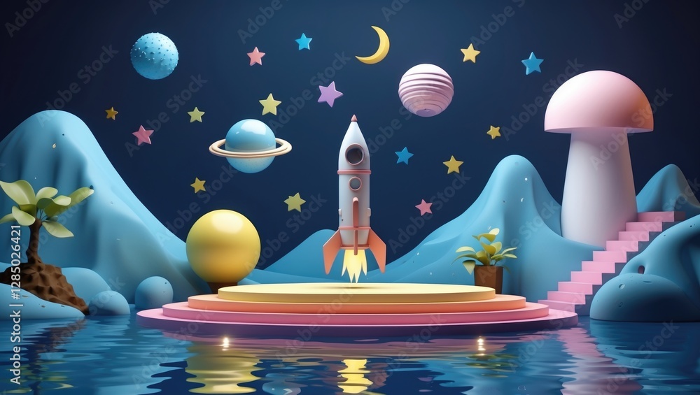 Poster imaginative nursery setting with a charming child theme. a colorful space scene featuring a rocket, 