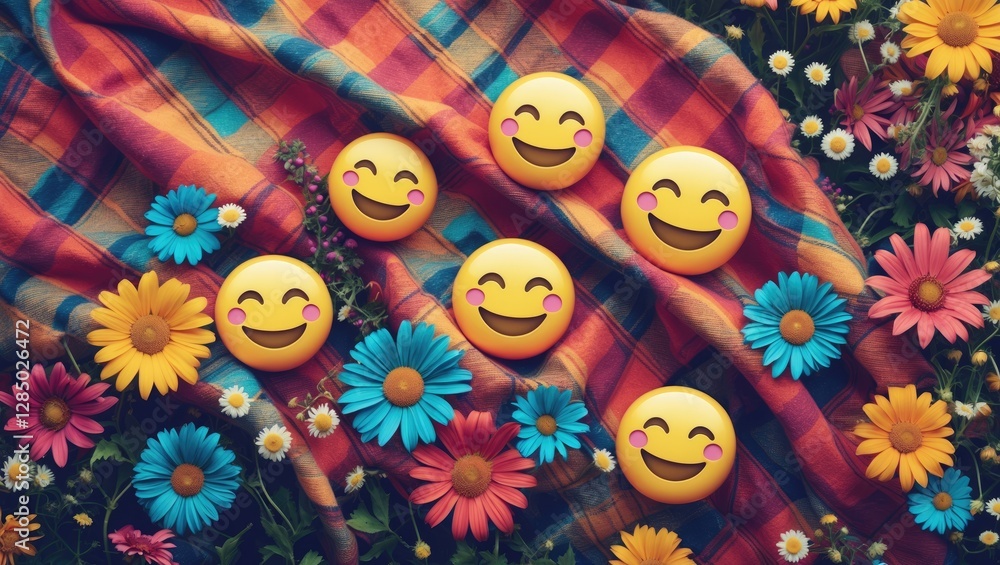 Poster dynamic vector design featuring joyful faces and colorful, funky flowers. plaid background evoking a