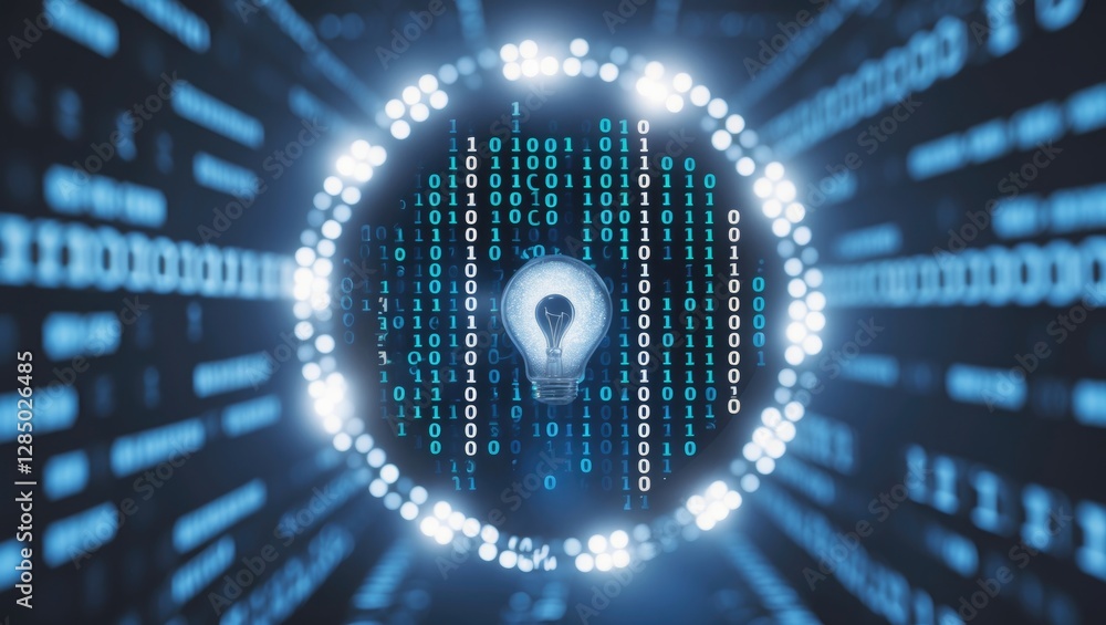 Poster background of digital binary code in blue and white, framed by a blurred circular bokeh light. theme