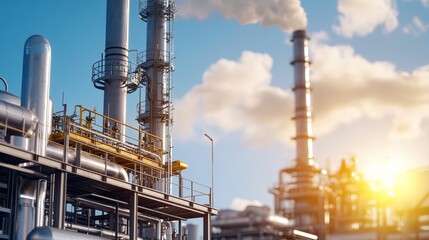 Obraz premium Sunset Over Industrial Refinery with Rising Steam From Pipes