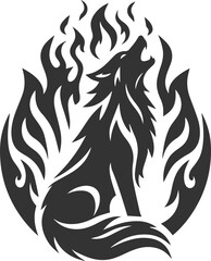 A fire wolf howling with flames surrounding it animal vector silhouette