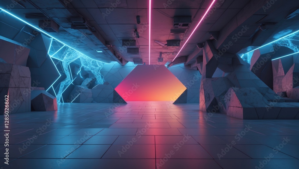 Poster futuristic abstract background with neon colors and geometric designs, featuring ample copy space. d