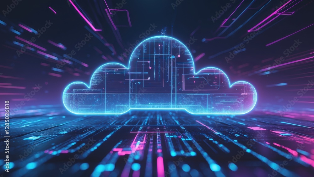 Poster background design representing a digital cloud network with an abstract blue-purple glitch effect, i