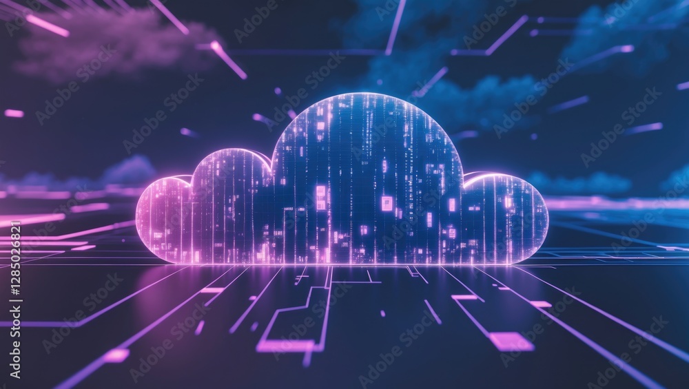 Poster digital backdrop featuring a cloud network technology design with an abstract blue-purple glitch eff