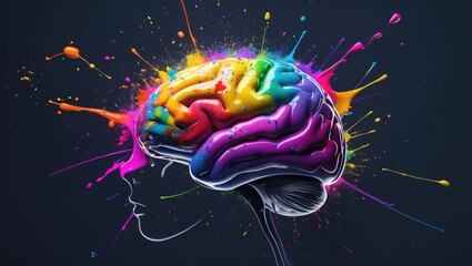 Fototapeta premium Colorful brain illustration with paint splatters representing creativity. Conceptual digital art piece.