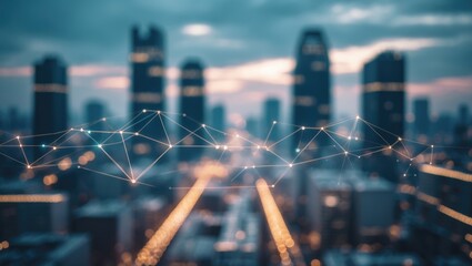Faded background showing a method for linking large data sets. Illustration of a communication and transmission network in an urban environment. Themes of the digital age and intelligent cities.