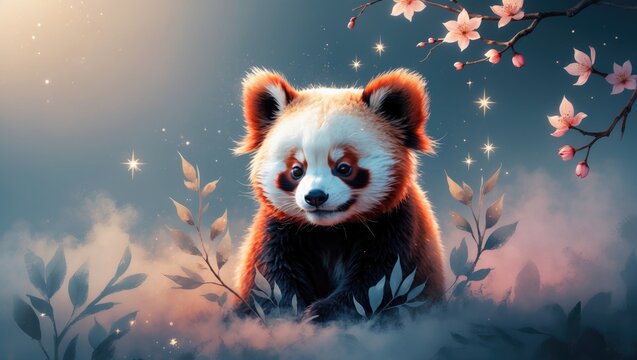 Charming artwork featuring an adorable small red panda alongside a patterned design set.