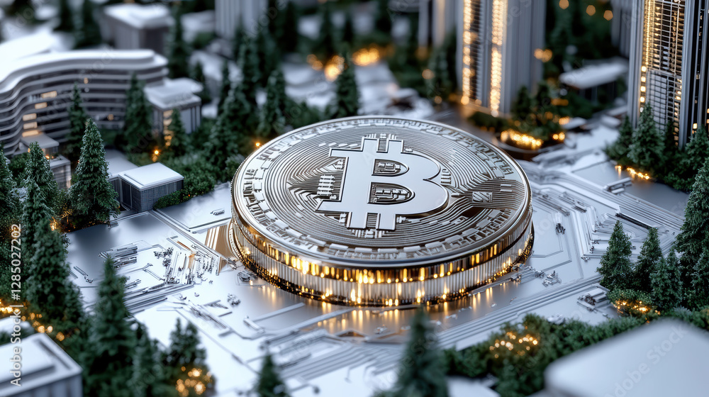 Poster detailed representation of cryptocurrency with bitcoin symbol surrounded by modern architecture