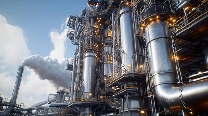 Towering Industrial Smokestacks Releasing Steam at Fuel Processing Facility