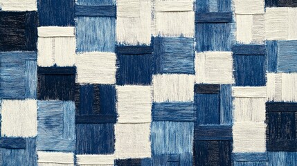 This abstract textile pattern features a harmonious blend of blue and white squares, showcasing intricate brush strokes and a modern textile design perfect for art and decor.