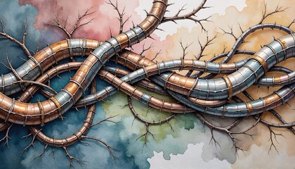 Obraz premium Surreal Artwork Featuring Metal Pipes as Tree Branches