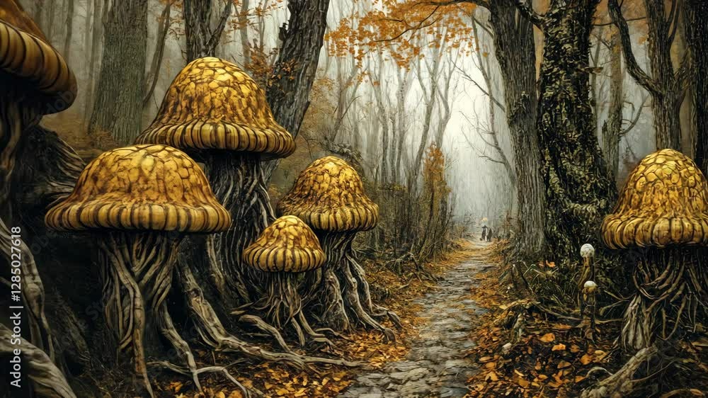 Poster unique forest pathway with large mushroom-like structures surrounded by autumn foliage in a mystical
