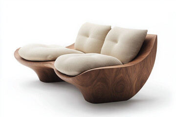 Modern Walnut Wood Loveseat with Beige Cushions