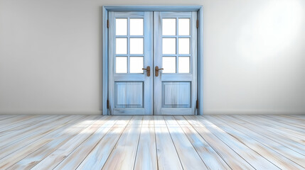 Light blue double doors in empty room, wood floor, sunlit