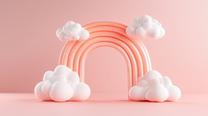 Abstract Pastel Rainbow Arch with Fluffy Clouds in Minimalist Studio Scene