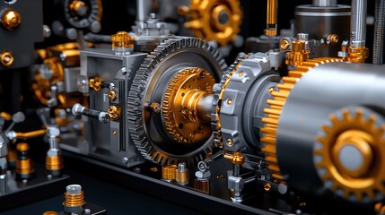 Fototapeta premium Detailed view of complex machinery gears, metal parts, and engineering. Possible use Industrial machinery stock photo