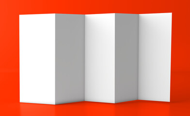 Tri-Fold Brochure Mockup. Blank paper brochure on orange background. Mockup for design	