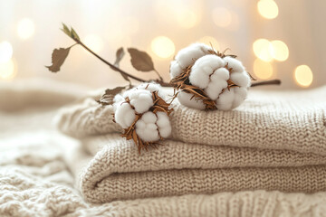Cozy knitwear with cotton branches arranged on soft blankets during a warm indoor setting
