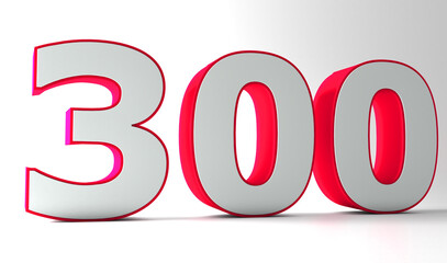 Number 300 in pink on light white background, isolated number. Three hundred number 3D Text.	
