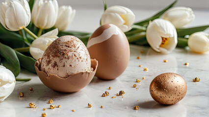 White tulip flowers and chocolate Easter eggs lie on the white surface of the table with golden sequins, Easter card