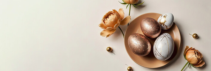 A composition of peony buds and a golden plate with Easter eggs on a white background, an Easter banner with a place for the text