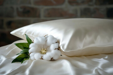Elegant cotton arrangement on a satin pillow in a serene bedroom setting showcasing comfort and style