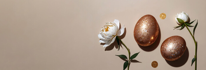 A composition of white peony buds and brown Easter eggs decorated with sequins on a light brown background, an Easter banner with a place for the text