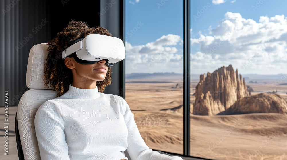 Poster student using virtual reality in futuristic classroom setting