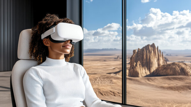 student using virtual reality in futuristic classroom setting