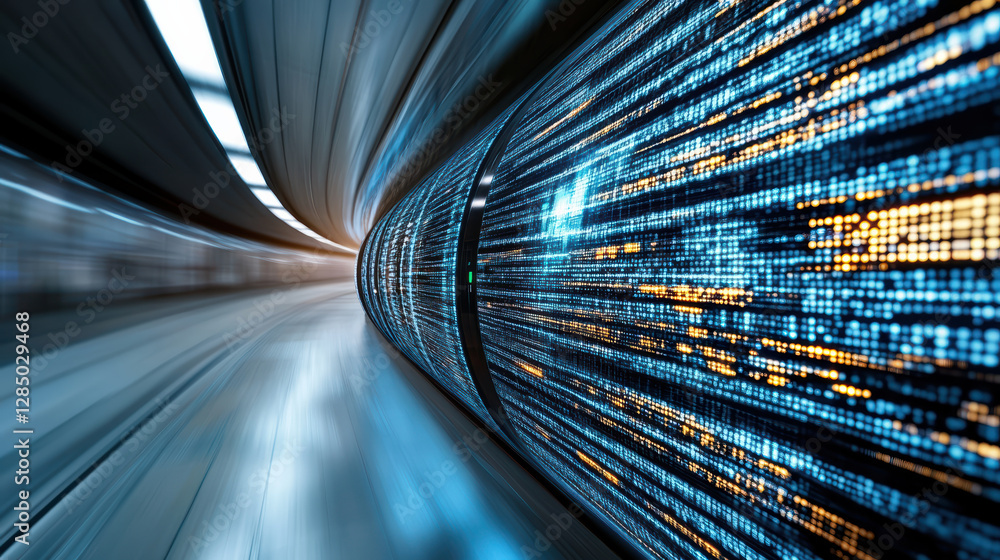 Poster futuristic tunnel with digital data streams and glowing lights