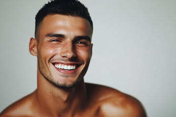 Obraz premium Young man with a bright smile captures a joyful moment in a simple portrait setting