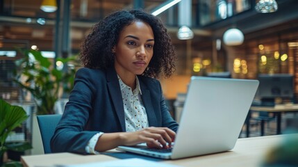 A person typing on a laptop at a desk, appearing focused and engaged in work within an indoor corporate setting.