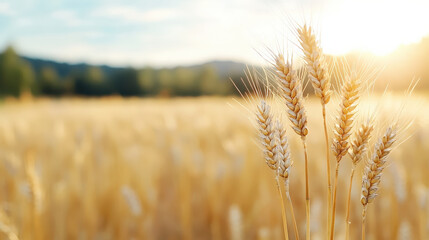 Naklejka premium Golden wheat field swaying gently in warm summer sun, creating serene atmosphere