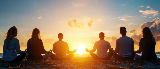 Engaged in emotional healing meditation, group sits on beach at sunset, promoting peace and mindfulness