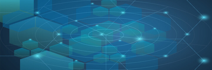 Dark gray and blue horizontal hexagonal technology abstract vector background. Red bright energy flashes under the hexagon in a wide banner of futuristic modern