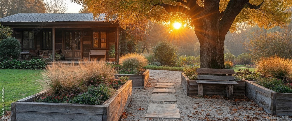 Poster sunset light through tree over stone path and wooden bench in beautiful garden landscape with rustic