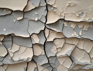 Cracked and peeling paint texture in shades of beige and gray, creating an abstract pattern. Ideal for backgrounds, wallpapers, and design elements. High-resolution close-up shot.

