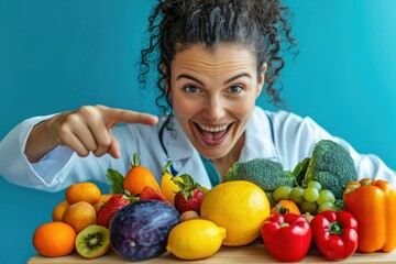 A cheerful chef showcases an assortment of fresh fruits and vegetables on a table, radiating positive energy and promoting healthy eating.