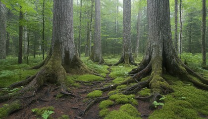 Obraz premium Misty Forest with Exposed Tree Roots and Mossy Ground