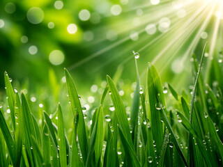 Fototapeta premium dew on grass. grass, nature, plant, dew, spring, field, summer, water, lawn, macro, fresh, meadow, morning, drops, growth, leaf, freshness, garden, green, wet, close-up, drop, closeup, bright, environ