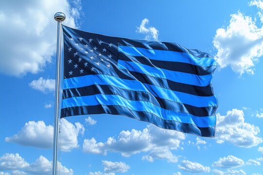 Thin Blue Line Flag Waving Against Blue Sky - Patriotic American Symbol of Law Enforcement and Community Support