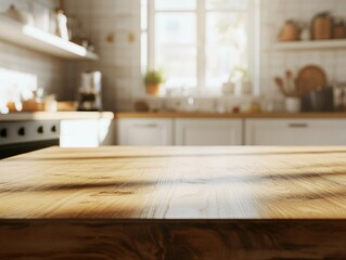 Clean, polished wooden countertop in a modern kitchen with a stove and oven.
