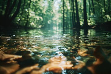 Fototapeta premium Nature's tranquility - calm stream in the woods, surrounded by lush greenery. A perfect escape from city life.