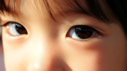 Child with expressive eyes gazing thoughtfully into the distance during daylight in a bright outdoor setting