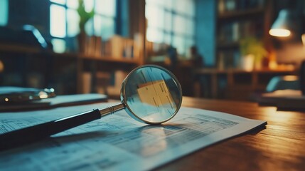 Close-up of magnifying glass over documents on a wooden desk in warm lighting