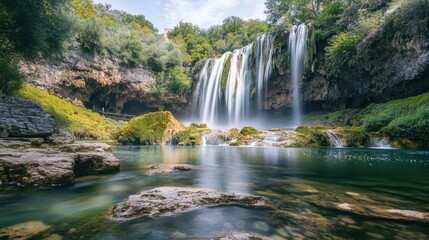 Natural landscape of a waterfall cascading into a tranquil pool, surrounded by lush greenery and rugged cliffs.